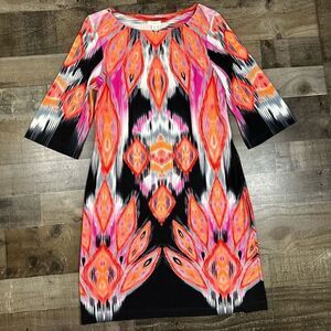 Chicos Womens Size 1 Medium Shift Dress Black Orange Pink 3/4 Sleeve Knee Length